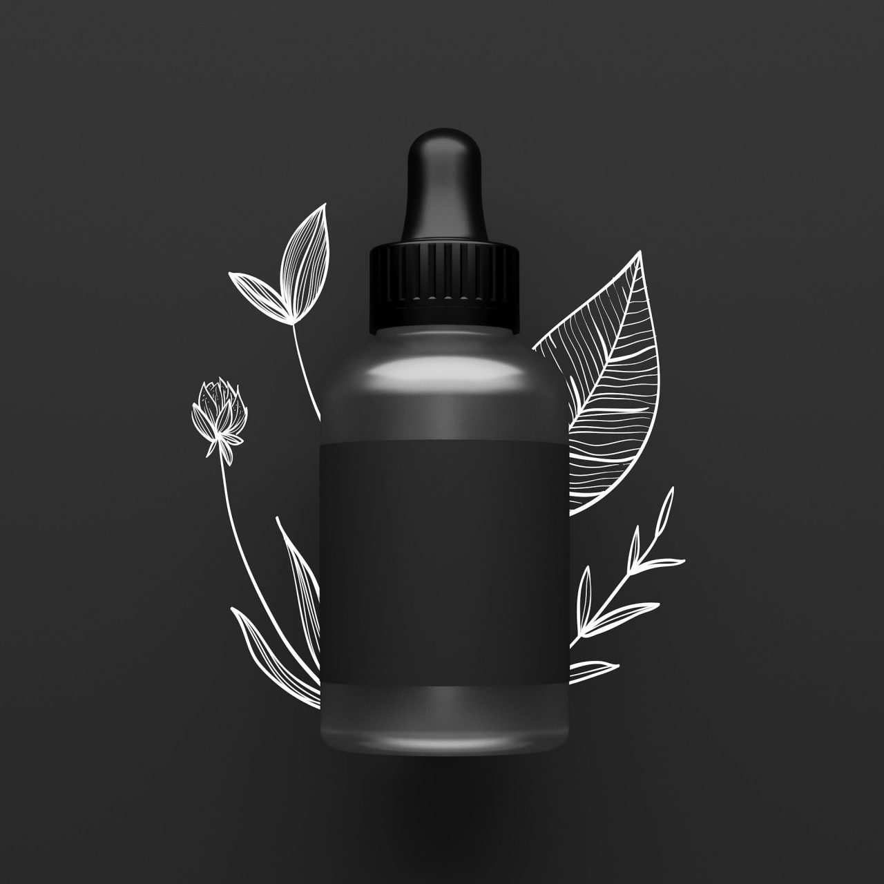 Ana Sayfa black bottle modern design eye dropper with painted leaves background 3d illustration